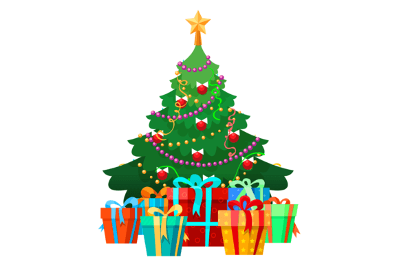 Christmas Tree with Gift Pile Color Holi: Festive Design Asset